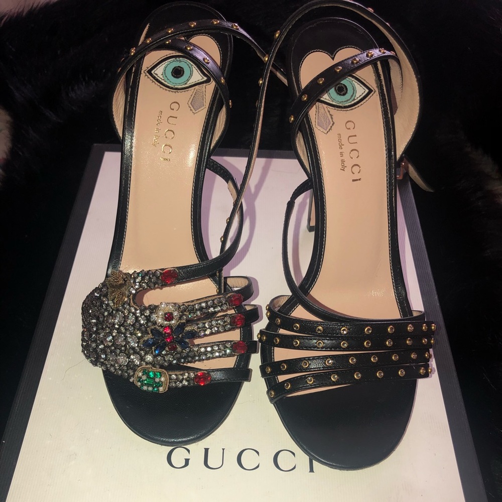 Gucci Wangy Crystal Hand Strappy Heels Black